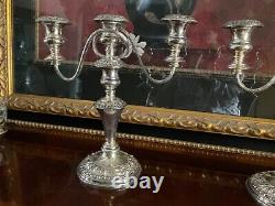 Pair Vtg. Candelabra England Silver on copper Embossed Three Candle 12.75