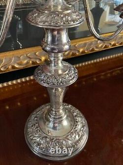 Pair Vtg. Candelabra England Silver on copper Embossed Three Candle 12.75