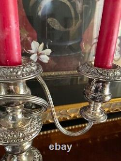 Pair Vtg. Candelabra England Silver on copper Embossed Three Candle 12.75