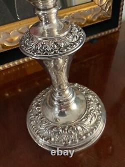 Pair Vtg. Candelabra England Silver on copper Embossed Three Candle 12.75