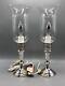 Pair Vtg Empire Sterling Silver Candlestick Electric Lamps With Etched Shades /b
