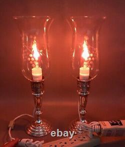Pair Vtg Empire Sterling Silver Candlestick Electric Lamps with Etched Shades /b