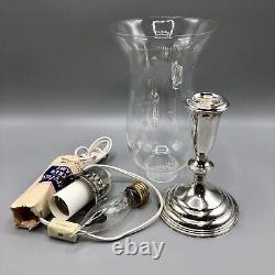 Pair Vtg Empire Sterling Silver Candlestick Electric Lamps with Etched Shades /b
