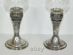 Pair Vtg Frank Whiting 279 Sterling Silver Hurricane Glass Candle Stick Holders