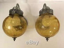 Pair Vtg Mid Century Silver tone Wall Sconce Globe Light Fixtures Amber Glass