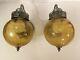 Pair Vtg Mid Century Silver Tone Wall Sconce Globe Light Fixtures Amber Glass