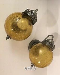Pair Vtg Mid Century Silver tone Wall Sconce Globe Light Fixtures Amber Glass