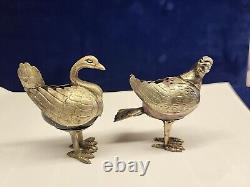 Pair Vtg Silver Winged Birds Egg Stone Body Figure Plateado Mexico 70's