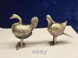 Pair Vtg Silver Winged Birds Egg Stone Body Figure Plateado Mexico 70's