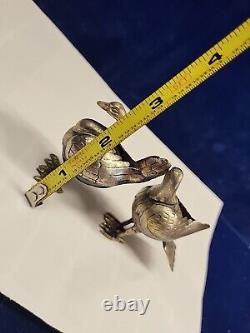 Pair Vtg Silver Winged Birds Egg Stone Body Figure Plateado Mexico 70's