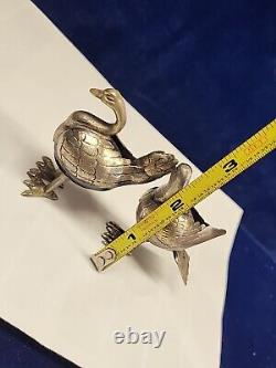 Pair Vtg Silver Winged Birds Egg Stone Body Figure Plateado Mexico 70's