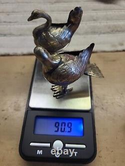 Pair Vtg Silver Winged Birds Egg Stone Body Figure Plateado Mexico 70's