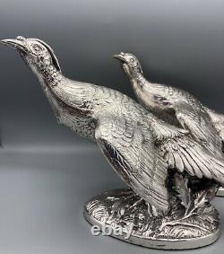 Pair Vtg Superb Detail Silver Plated Pheasant Bird Figurines on Oval Bases 11.5