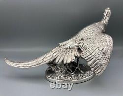 Pair Vtg Superb Detail Silver Plated Pheasant Bird Figurines on Oval Bases 11.5