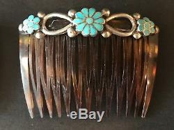 Pair Vtg. Zuni Sterling Silver & Inlay Turquoise Hair Combs Clip Native American