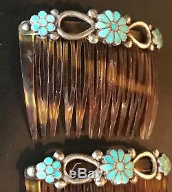 Pair Vtg. Zuni Sterling Silver & Inlay Turquoise Hair Combs Clip Native American