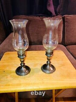 Pair antique / vtg old STERLING silver candle sticks etched shades