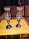 Pair Antique / Vtg Old Sterling Silver Candle Sticks Etched Shades