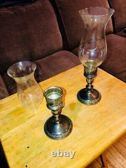 Pair antique / vtg old STERLING silver candle sticks etched shades