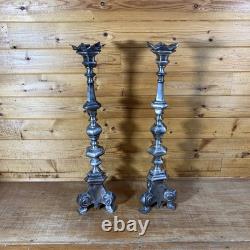 Pair of 22.5 Vintage Cast Metal Candlestick Paw Footed Antique Brass Finish