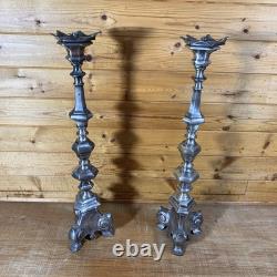 Pair of 22.5 Vintage Cast Metal Candlestick Paw Footed Antique Brass Finish