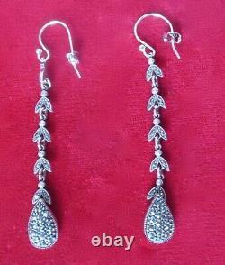Pair of 2 1/2-Inch Vintage Sterling Silver & Marcasite Earrings/Boho/Hippie