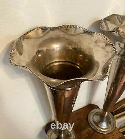 Pair of 2 Tall Large Vintage Silverplated Trumpet Mantel Vases 24.5