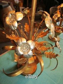 Pair of 2 VTG Mid Century Tole Metal Lamps Gold Silver Basket Floral Flowers