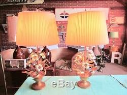 Pair of 2 VTG Mid Century Tole Metal Lamps Gold Silver Basket Floral Flowers