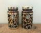 Pair Of 2 Vintage Taxco Mexican Floral Sterling Silver Overlay Amber Glass Jars
