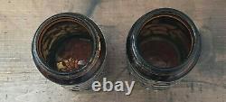 Pair of 2 Vintage Taxco Mexican Floral Sterling Silver Overlay Amber Glass Jars