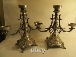 Pair of 3 Arm Candle Holder Candelabra Ornate Heavy Silver Tone Embossed Vintage