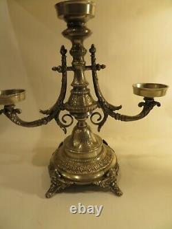 Pair of 3 Arm Candle Holder Candelabra Ornate Heavy Silver Tone Embossed Vintage