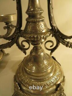 Pair of 3 Arm Candle Holder Candelabra Ornate Heavy Silver Tone Embossed Vintage