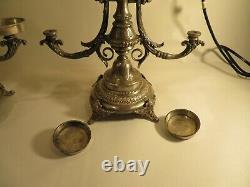 Pair of 3 Arm Candle Holder Candelabra Ornate Heavy Silver Tone Embossed Vintage