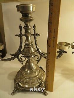 Pair of 3 Arm Candle Holder Candelabra Ornate Heavy Silver Tone Embossed Vintage