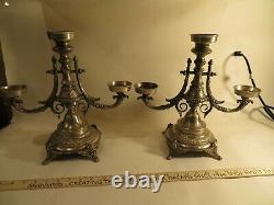 Pair of 3 Arm Candle Holder Candelabra Ornate Heavy Silver Tone Embossed Vintage