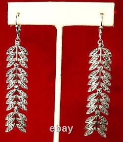 Pair of 3-Inch Vintage Articulated Sterling Silver Leaf Earrings With Marcasites
