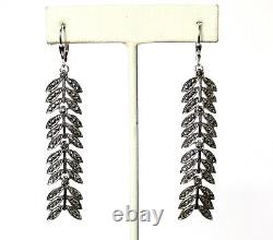 Pair of 3-Inch Vintage Articulated Sterling Silver Leaf Earrings With Marcasites