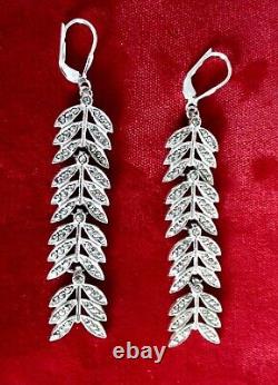 Pair of 3-Inch Vintage Articulated Sterling Silver Leaf Earrings With Marcasites