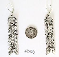 Pair of 3-Inch Vintage Articulated Sterling Silver Leaf Earrings With Marcasites