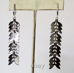 Pair of 3-Inch Vintage Articulated Sterling Silver Leaf Earrings With Marcasites