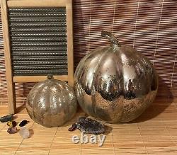 Pair of Antique Mercury Glass Pumpkins 7 & 12 Vintage Hollow Silver