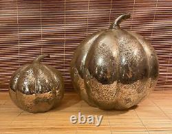 Pair of Antique Mercury Glass Pumpkins 7 & 12 Vintage Hollow Silver
