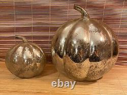 Pair of Antique Mercury Glass Pumpkins 7 & 12 Vintage Hollow Silver