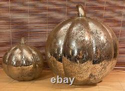 Pair of Antique Mercury Glass Pumpkins 7 & 12 Vintage Hollow Silver