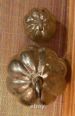 Pair of Antique Mercury Glass Pumpkins 7 & 12 Vintage Hollow Silver