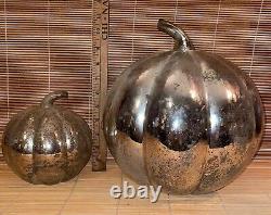 Pair of Antique Mercury Glass Pumpkins 7 & 12 Vintage Hollow Silver