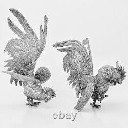 Pair of Antique Vintage Silver Plate Fighting Cockerel Rooster Figures Ornament