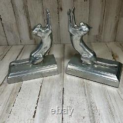 Pair of Art Deco Frankart Sarsaparilla Silver Cats Up & Down Bookends Vtg